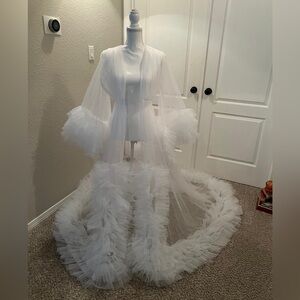 Elegant White Sheer Gown with Ruffled Train - Bridal Robe